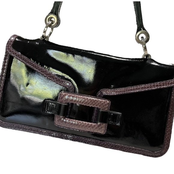 Robert Clergerie Vintage Black Patent Shoulder Bag Purple Snakeskin Trim - Picture 2 of 13